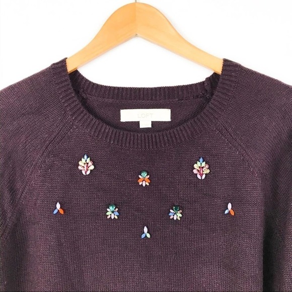 LOFT Eggplant Purple Rhinestone Crew Sweater M Medium - Picture 2 of 6